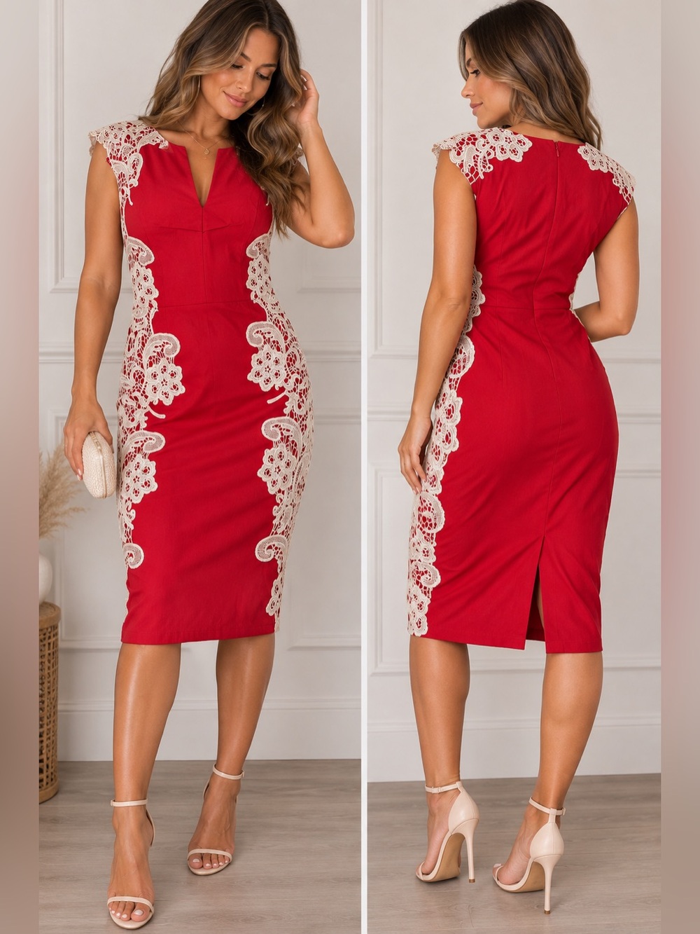 Paper Dolls Red Ivory Lace Appliqué Midi Sheath Dress Size 6